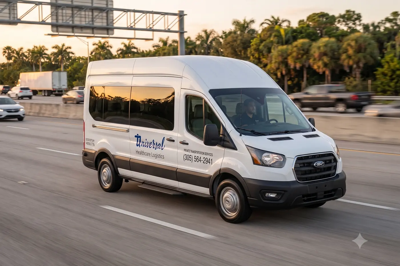 A Universal Healthcare Logistics medical transport van on a South Florida highway, on its way to a scheduled appointment