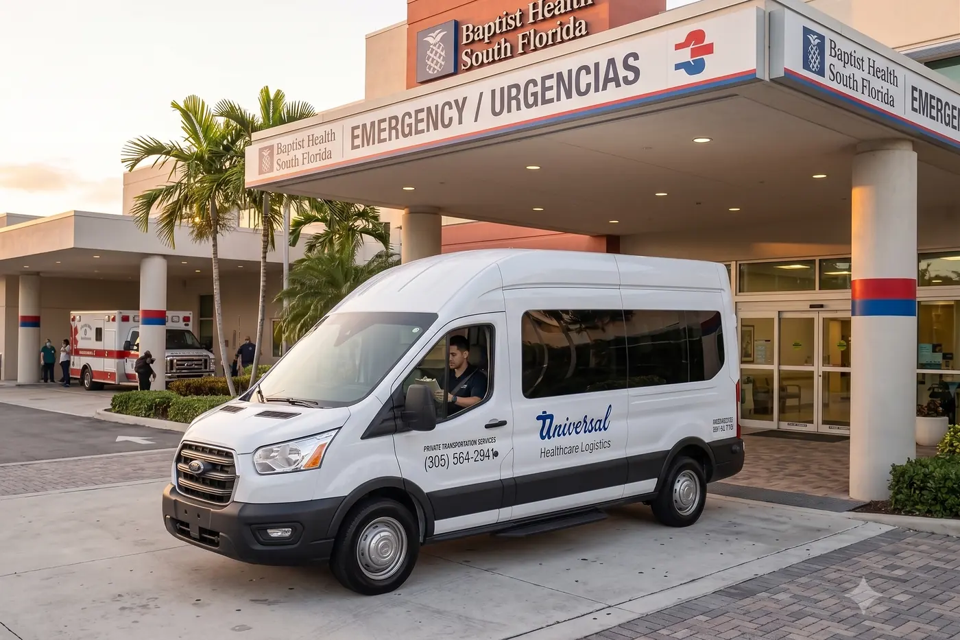 A Universal Healthcare Logistics driver arriving at a Baptist Health South Florida emergency entrance for a patient pickup