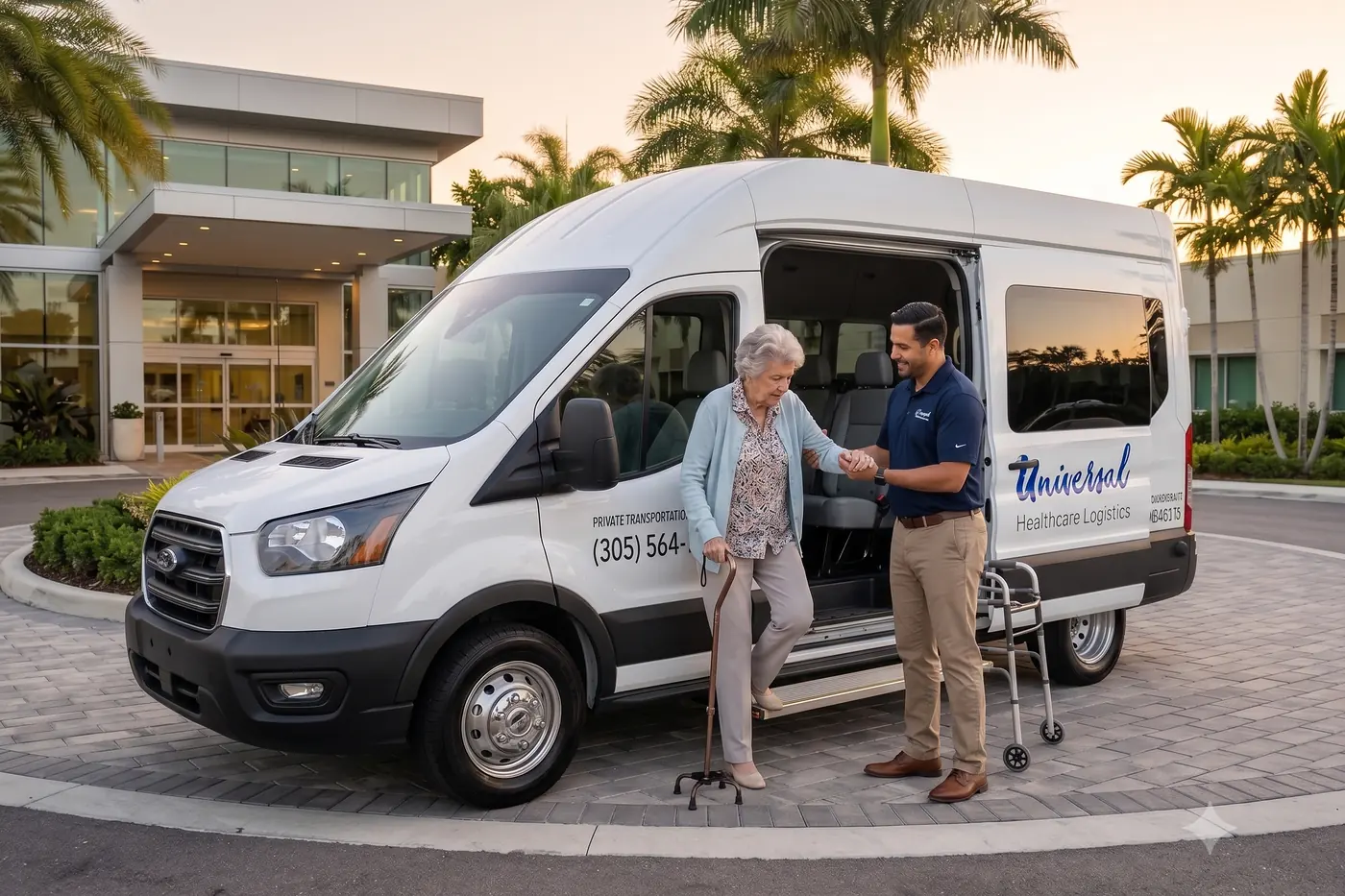 A Universal Healthcare Logistics attendant steadying an elderly passenger with a cane as she steps down from the van outside a Miami medical building