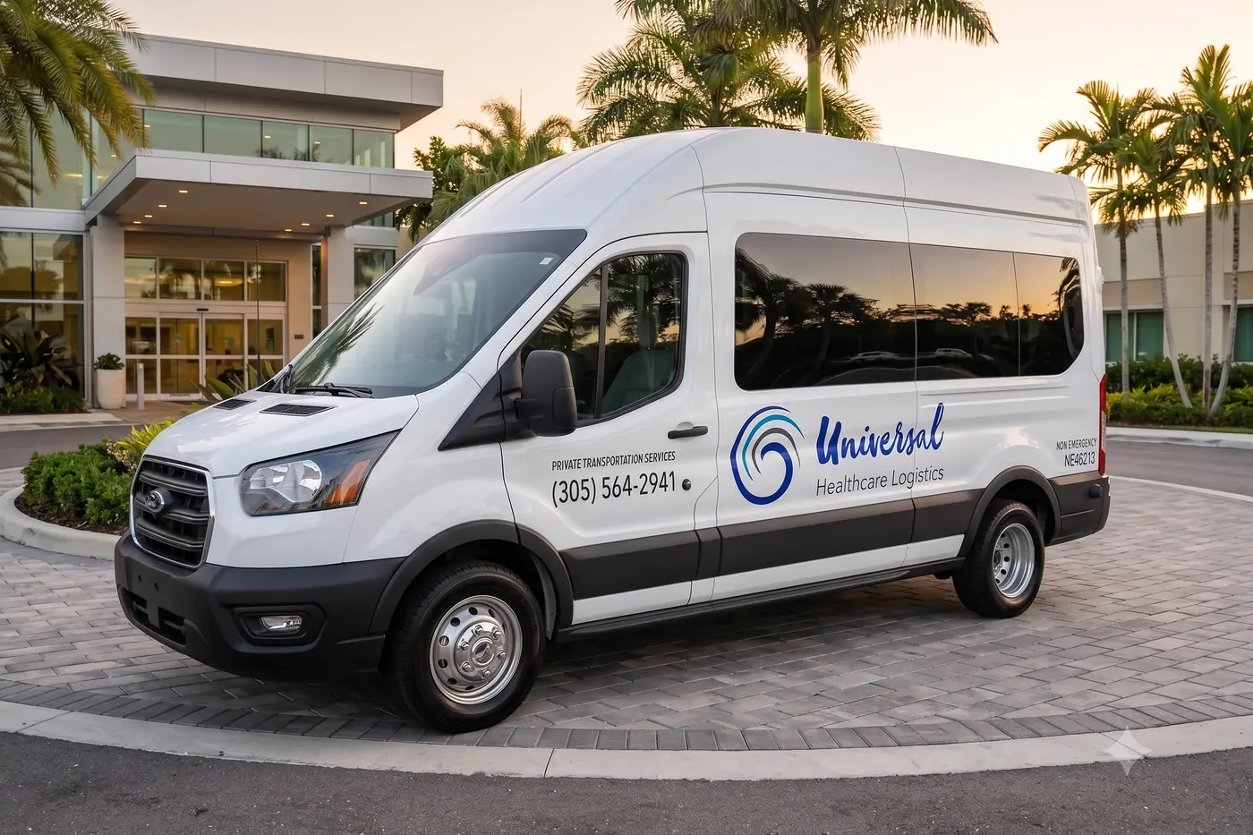 A Universal Healthcare Logistics transport van parked outside a Miami medical facility at sunset, framed by palm trees