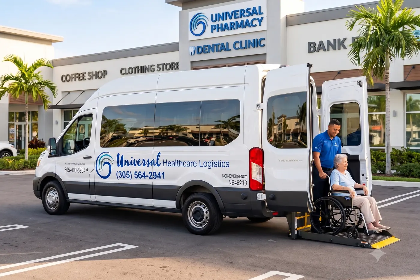A passenger in a wheelchair being raised on the rear lift of a Universal Healthcare Logistics accessible van by a trained transport attendant